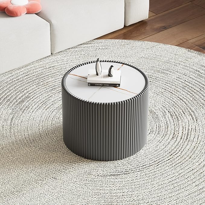 Round Living Room Table Set, 29.52" White Drum Center Table and 17.71" Grey Coffee Table Set, 2 Pieces Coffee Table Set with Sintered Stone Tabletop, Fluted PU Leather Covered and StableBase