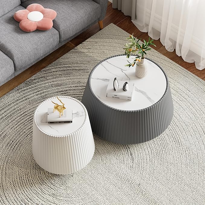 Round Living Room Table Set, 26.77" Grey Drum Center Table and 19.68" White Coffee Table Set, 2 Pieces Coffee Table Set with Sintered Stone Tabletop, Fluted PU Leather Covered and StableBase