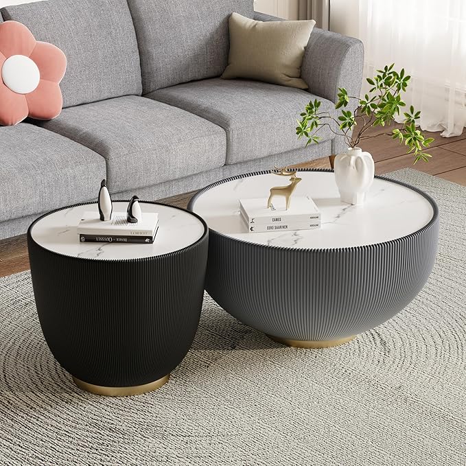 Round Living Room Table Set, 27.56" Grey Drum Center Table and 19.69" Black Coffee Table Set, 2 Pieces Coffee Table Set with Sintered Stone Tabletop, Fluted PU Leather Covered and Metal Base