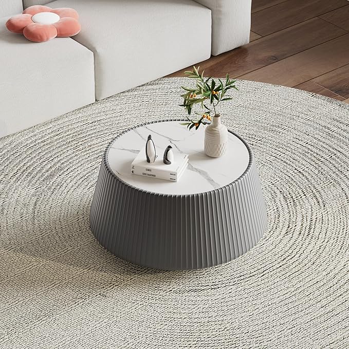 26.77" Grey Round Coffee Table, Drum Coffee Table with Sintered Stone Tabletop and Fluted PU Leather Covered and Stable Base, Circle Cocktail Tea Table for Living Room