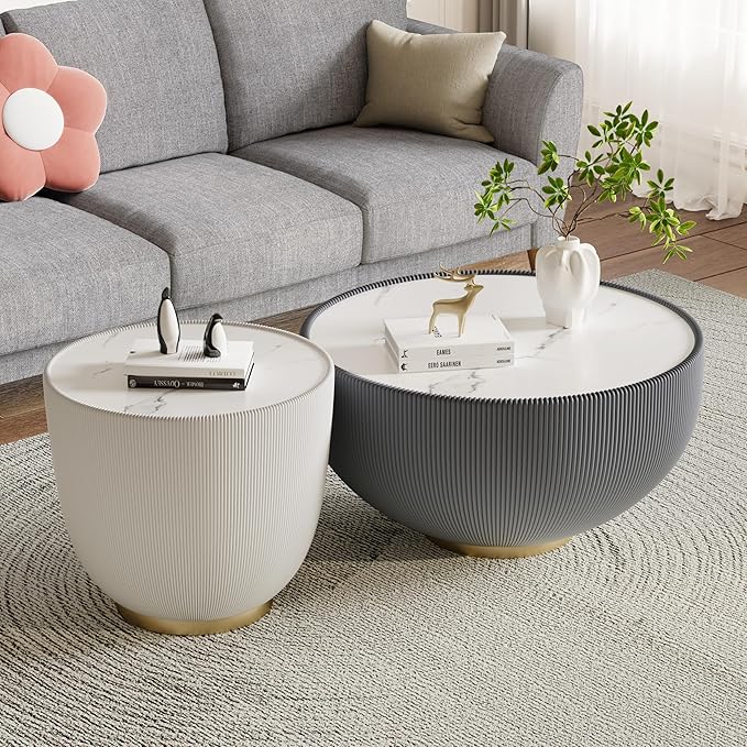 27.56" Grey Round Coffee Table, Drum Coffee Table with Sintered Stone Tabletop and Fluted PU Leather Covered and Metal Base, Circle Cocktail Tea Table for Living Room
