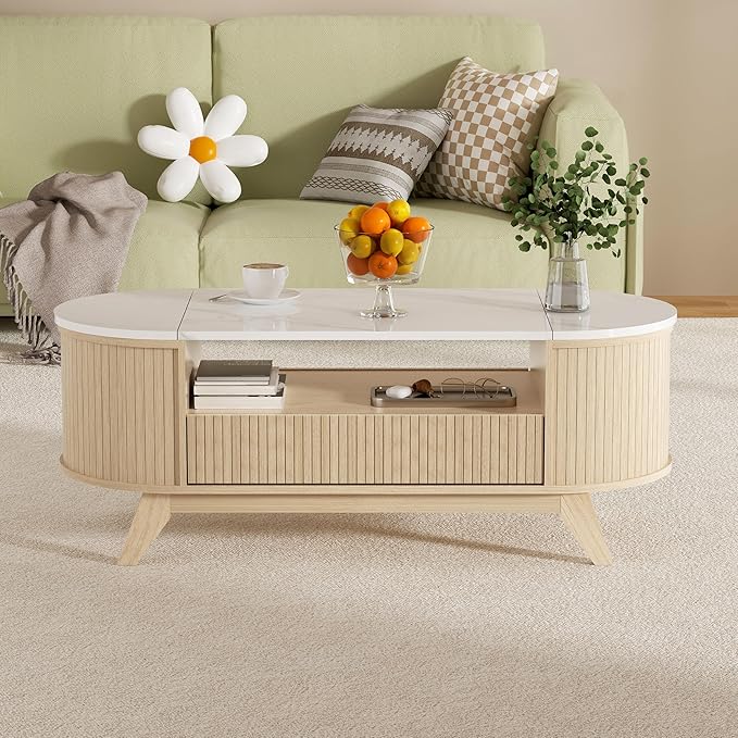 Coffee Table with Storage, Mid Century Modern Center Table for Living Room, Oval Fluted Coffee Table with Hidden Storage Space, Open Shelf & Drawer, Natural Wood