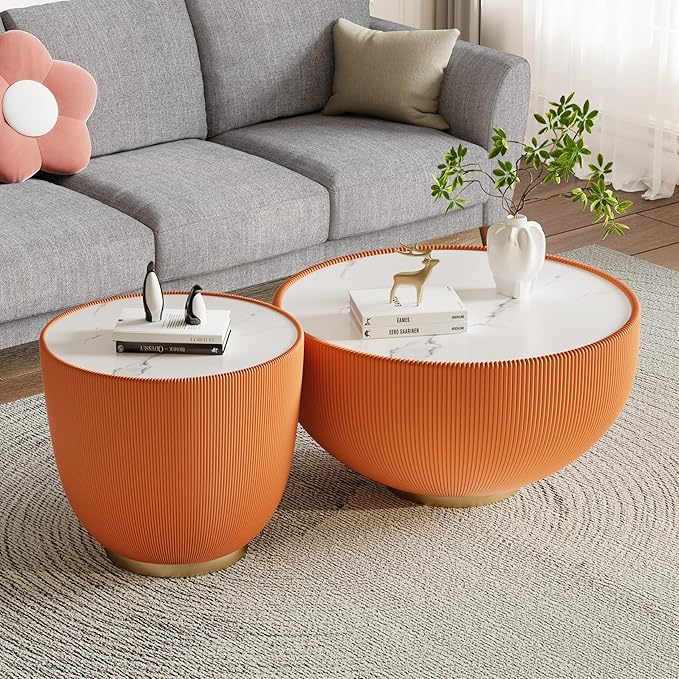 Round Living Room Table Set, 29.53" Orange Drum Center Table and 19.69" Orange Coffee Table Set, 2 Pieces Coffee Table Set with Sintered Stone Tabletop,Fluted PU Leather Covered and Metal Base