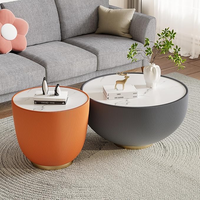 Round Living Room Table Set, 27.56" Grey Drum Center Table and 19.69" Orange Coffee Table Set, 2 Pieces Coffee Table Set with Sintered Stone Tabletop, Fluted PU Leather Covered and Metal Base
