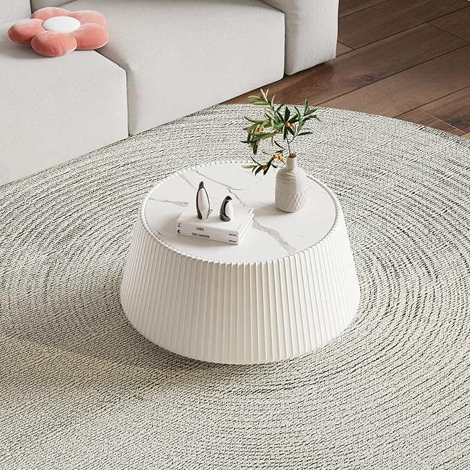 26.77" White Round Coffee Table, Drum Coffee Table with Sintered Stone Tabletop and Fluted PU Leather Covered and Stable Base, Circle Cocktail Tea Table for Living Room
