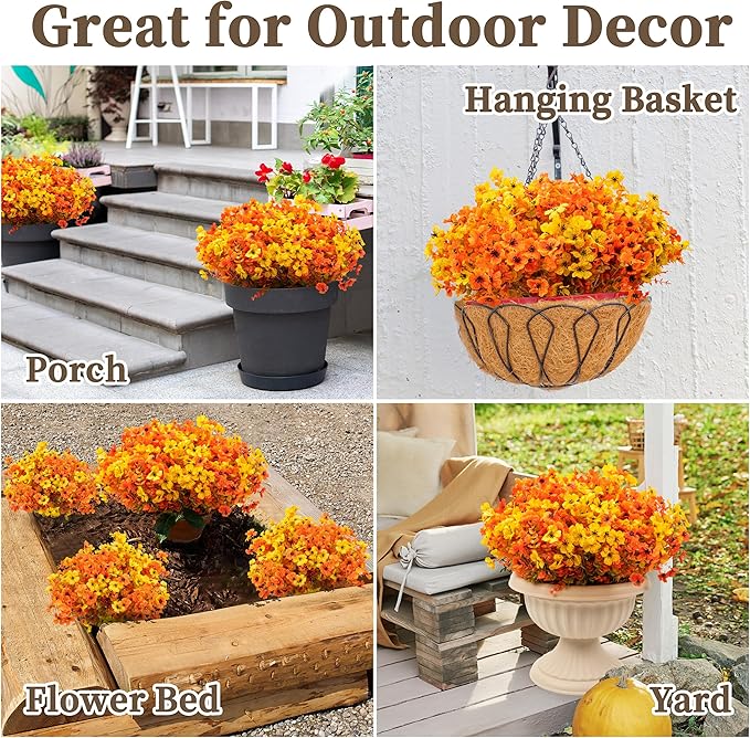 16 Bundles Artificial Mums for Outdoors/Indoors Faux Mums for Outdoor Planters, Eucalyptus Leaves Fall Flowers Artificial for Decoration Boxwood Garden Porch Window Home Wedding (Yellow&red Green)