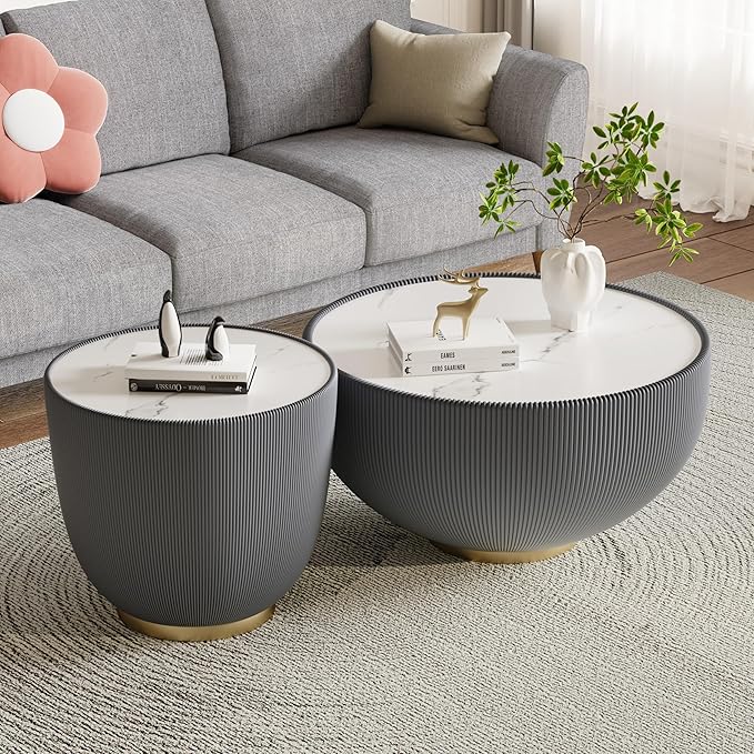 27.56" Grey Round Coffee Table, Drum Coffee Table with Sintered Stone Tabletop and Fluted PU Leather Covered and Metal Base, Circle Cocktail Tea Table for Living Room