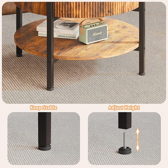 26.77” Small Coffee Table, Round Fluted Lift Top Coffee Table with Storage, Rustic Central Table with Lift Tabletop for Living Room, Home Office, Brown