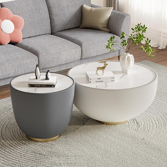 Round Living Room Table Set, 27.56" Grey Drum Center Table and 19.69" White Coffee Table Set, 2 Pieces Coffee Table Set with Sintered Stone Tabletop, Fluted PU Leather Covered and Metal Base