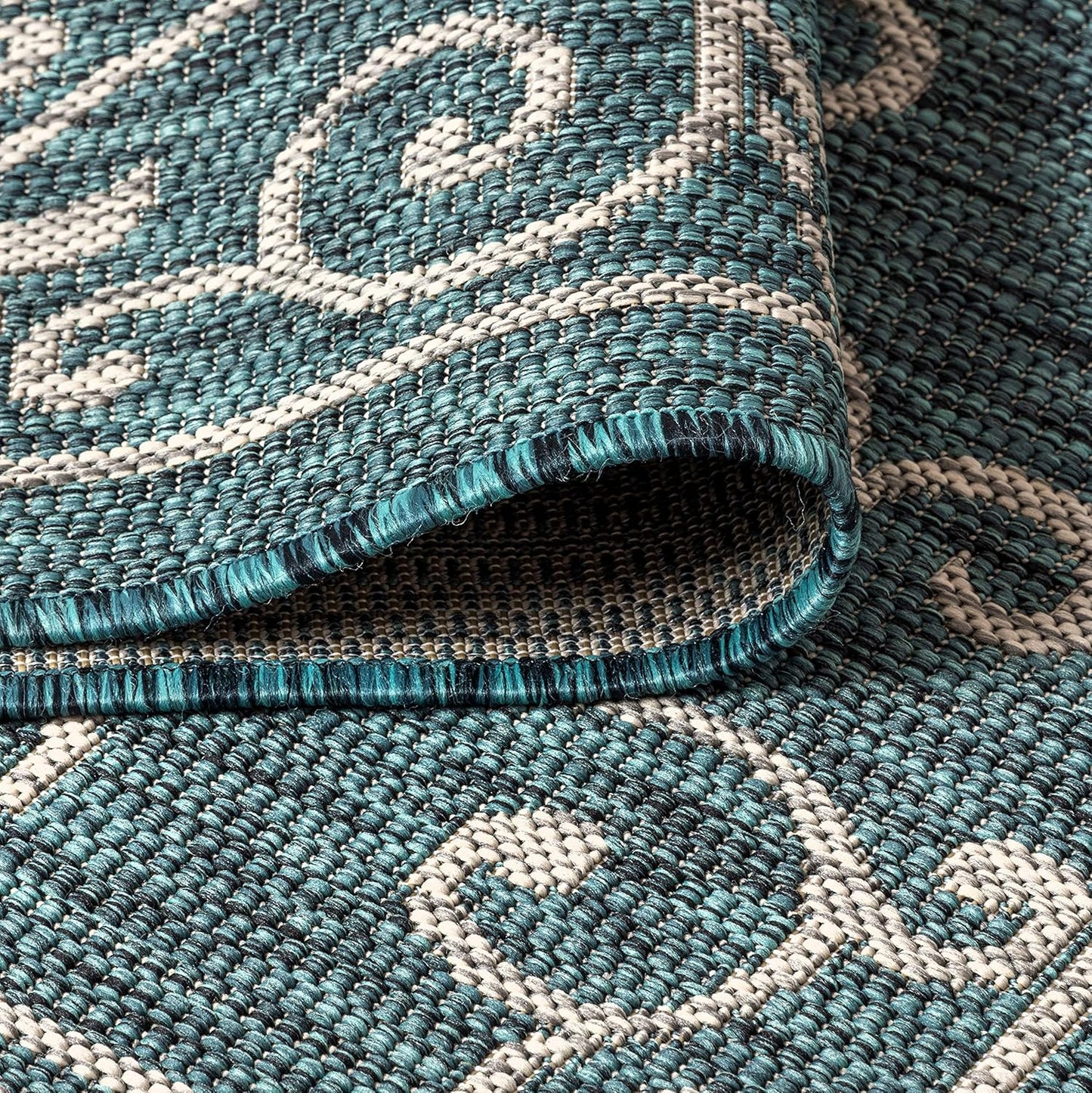 JONATHAN Y Vintage Filigree Indoor Outdoor Round Area Rug 9 Ft Teal/Gray, Charleston Textured Weave for Backyard, Patio, Porch, Easy-Cleaning, High Traffic, Pet-Friendly, Non-Shedding (SMB106F-9R)
