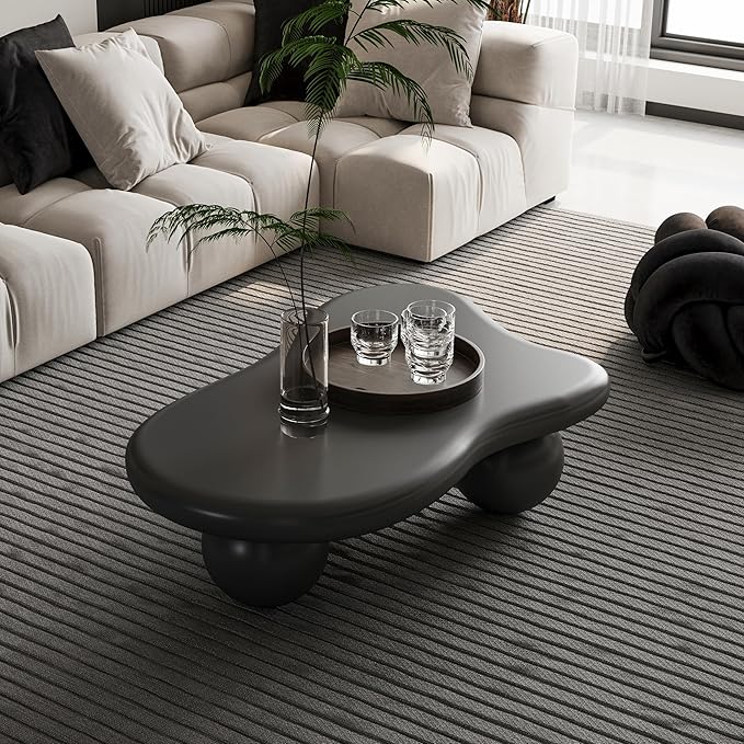 40” Cloud Coffee Table with 3 Ball Legs, Modern Lrregular Center Table for Living Room, Low Cute Small MDF Tea Table for Bedroom, Space Apartment-Black