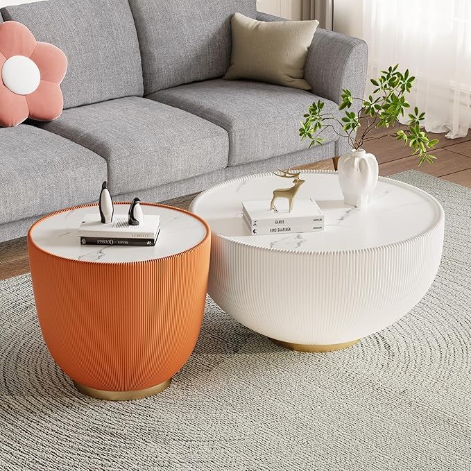 19.69" Orange Round Coffee Table, Drum Coffee Table with Sintered Stone Tabletop and Fluted PU Leather Covered and Metal Base, Circle Cocktail Tea Table for Living Room