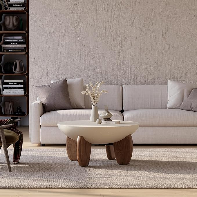 homary Round Concrete Coffee Table with Premium Walnut Ash Wood Legs, Modern Minimalist Cement Finish Center Table for Living Room