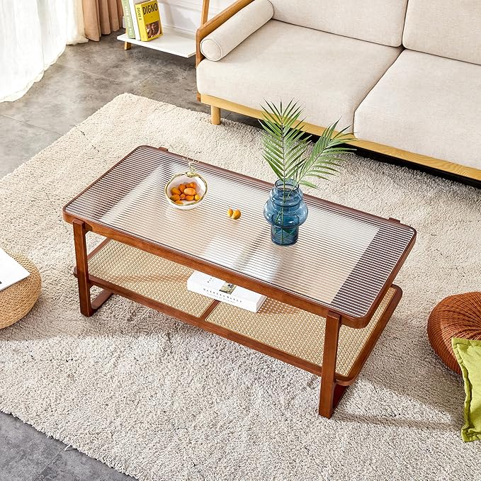 Rattan Coffee Table,Rustic Style Wooden Coffee Table,Rectangular Wood Living Table for Living Room,Glass Top Center Table with Imitation Rattan Storage Shelf