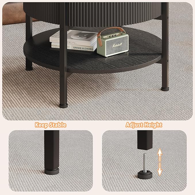 Round Coffee Table, Fluted Lift Top Coffee Table with Hidden Compartment and Open Shelf, 26.77” Small Central Table for Living Room, Home Small Space, Mid-Century Black