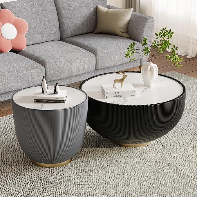 Round Living Room Table Set, 27.56" Black Drum Center Table and 19.69" Grey Coffee Table Set, 2 Pieces Coffee Table Set with Sintered Stone Tabletop, Fluted PU Leather Covered and Metal Base