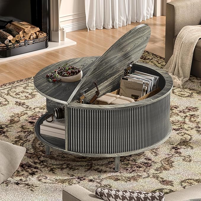 Round Coffee Table, 31.5" Fluted Center Table with Storage, Lift-Top Coffee Table with Adjustable Footpads, Sliding Door, Mid-Century Modern Center Table for Living Room, Small Space (Grey)