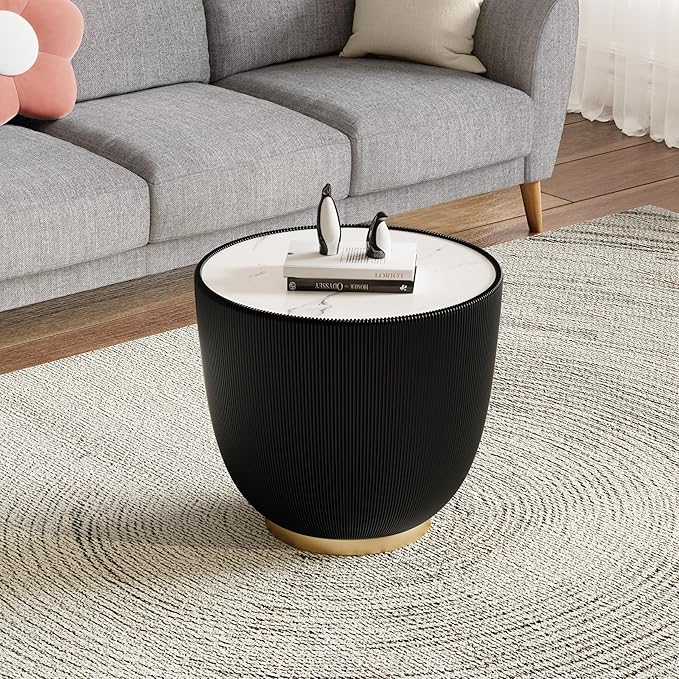 19.69" Black Round Coffee Table, Drum Coffee Table with Sintered Stone Tabletop and Fluted PU Leather Covered and Metal Base, Circle Cocktail Tea Table for Living Room