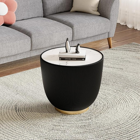 19.69" Black Round Coffee Table, Drum Coffee Table with Sintered Stone Tabletop and Fluted PU Leather Covered and Metal Base, Circle Cocktail Tea Table for Living Room