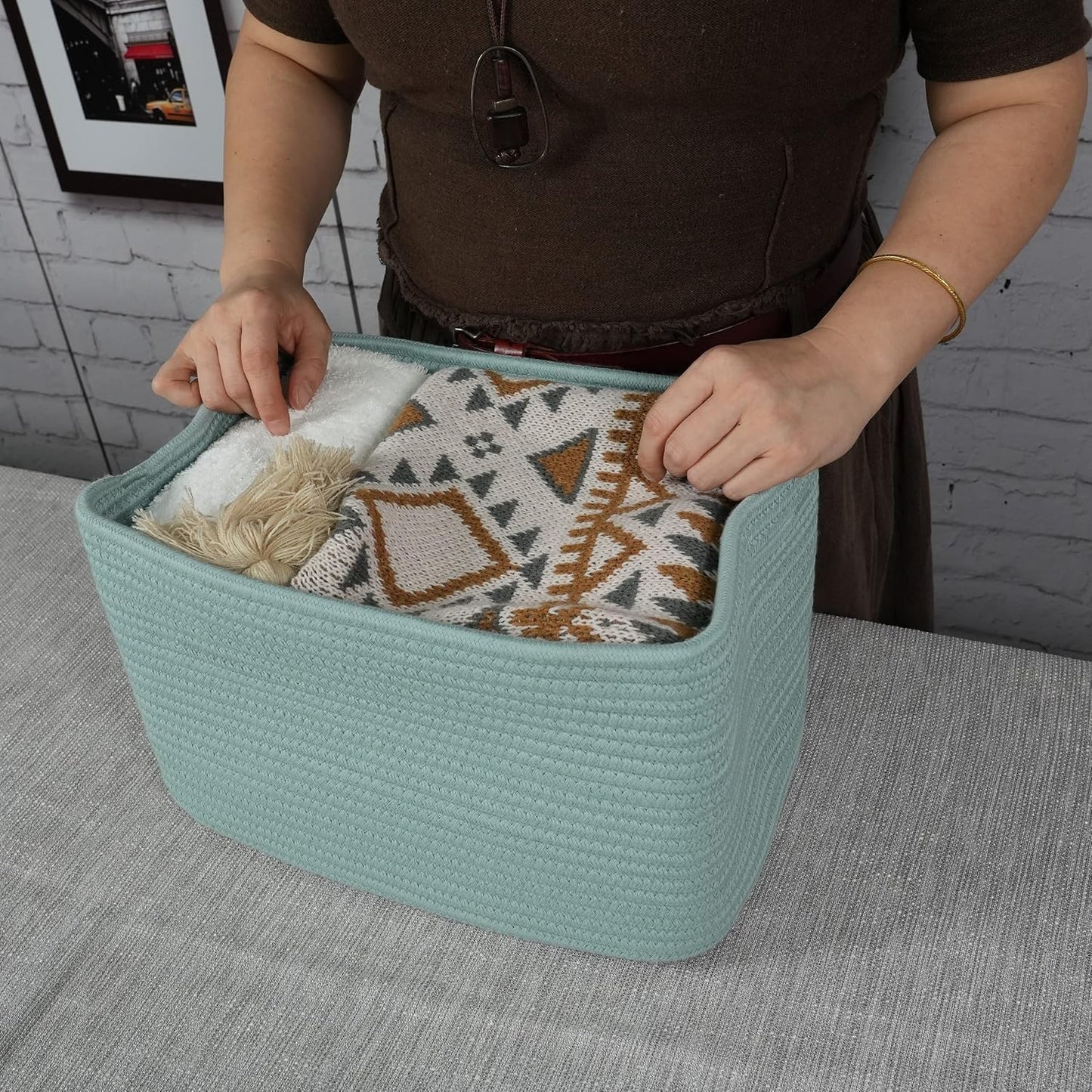 Cotton Rope storage Basket Bins Woven Basket for Organizing Shelves Rectangle Decorative Baskets For storage Clothes Toys Books Towels Square Wicker Nursery basket organizer 3 pack Green