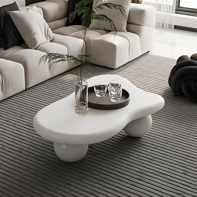 40” Cloud Coffee Table with 3 Ball Legs, Modern Lrregular Center Table for Living Room, Low Cute Small MDF Tea Table for Bedroom, Space Apartment-White