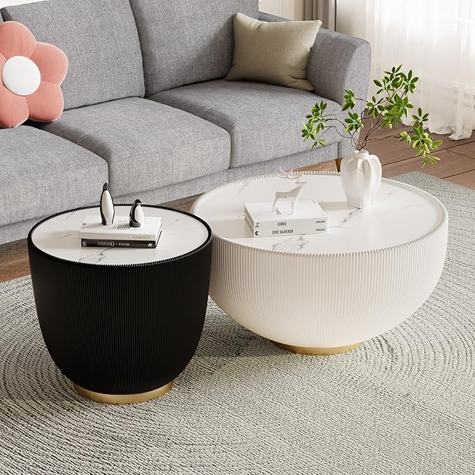 Round Living Room Table Set, 27.56" White Drum Center Table and 19.69" Black Center Table Set, 2 Pieces Coffee Table Set with Sintered Stone Tabletop, Fluted PU Leather Covered and Metal Base