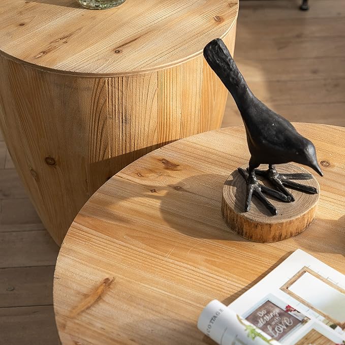 Vintage Style Bucket Shaped Coffee Table, Drum Coffee Table for Office, Dining Room and Living Room, Nature(Two-Piece Set)