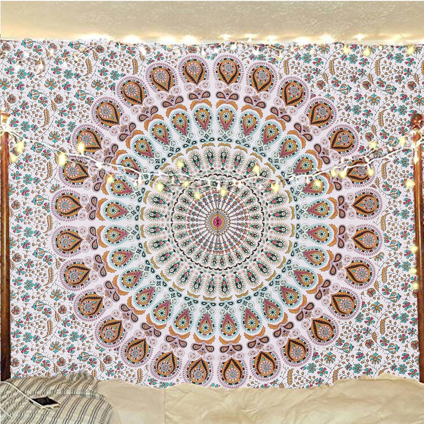 Bless International Handmade Indian hippie Bohemian Psychedelic Peacock Mandala Wall hanging College Dorm Beach Throws Table Cloth Bedding Tapestry (Floral Gold, Poster(30x40Inches)(76x101cms))