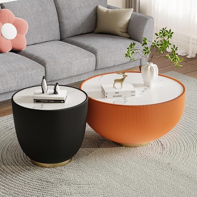 Round Living Room Table Set, 29.53" Orange Drum Center Table and 19.69" Black Coffee Table Set, 2 Pieces Coffee Table Set with Sintered Stone Tabletop, Fluted PU Leather Covered and Metal Base