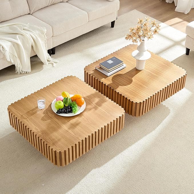 31.5" Square Coffee Table with Sturdy Base, Modern Luxury Wood Drum Center Tables,Small Wooden Accent with MDF, for Living Room, Minimalist Fluted Design-Natural