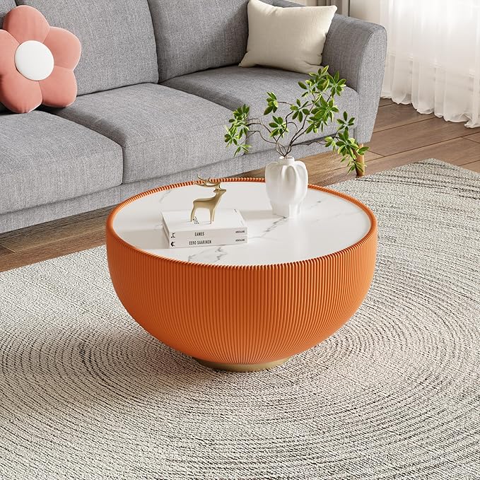 29.53" Orange Round Coffee Table, Drum Coffee Table with Sintered Stone Tabletop and Fluted PU Leather Covered and Metal Base, Circle Cocktail Tea Table for Living Room