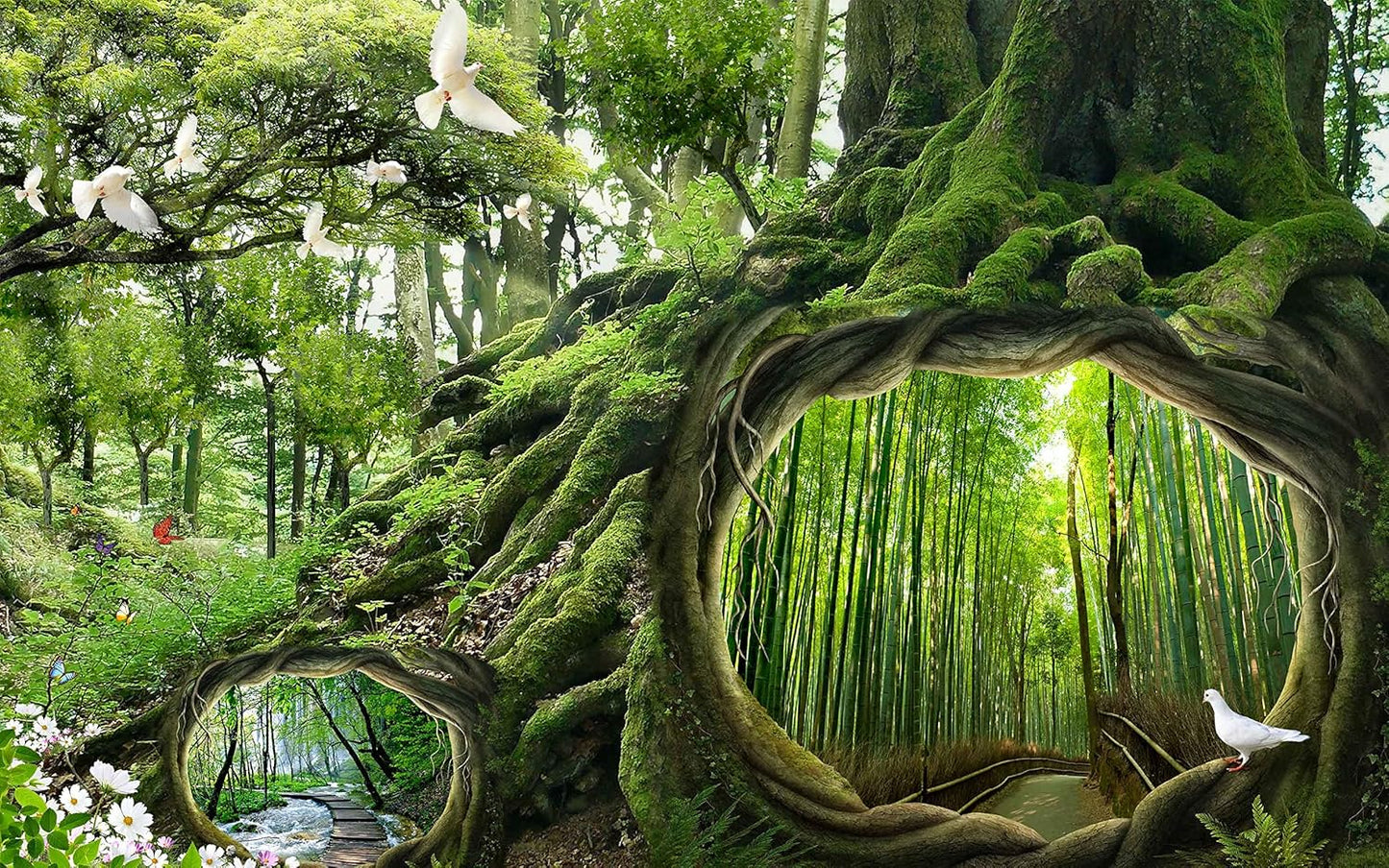 Fantasy Forest Landscape Wall Mural Wallpaper Bamboo and Stream Wallpaper for Bedroom Living Room TV Background Sofa Wall (not self-Adhesive)