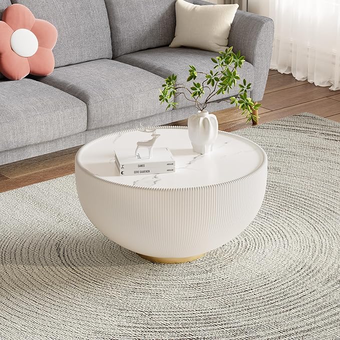27.55" White Round Coffee Table, Drum Coffee Table with Sintered Stone Tabletop and Fluted PU Leather Covered and Metal Base, Circle Cocktail Tea Table for Living Room