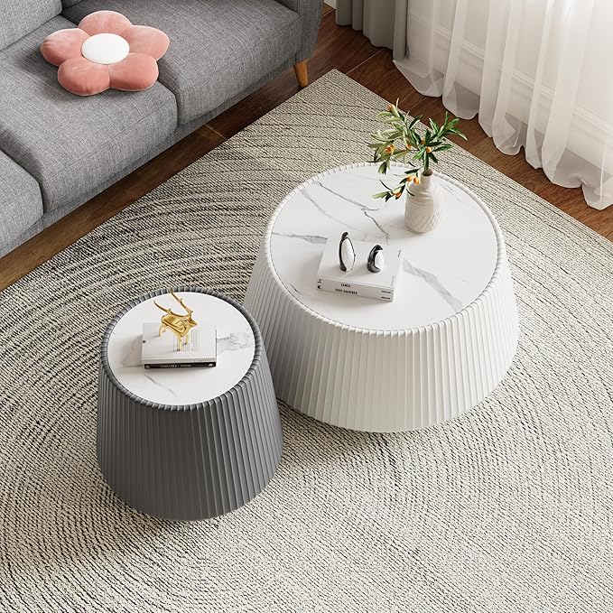 Round Living Room Table Set, 26.77" White Drum Center Table and 19.68" Grey Coffee Table Set, 2 Pieces Coffee Table Set with Sintered Stone Tabletop, Fluted PU Leather Covered and StableBase
