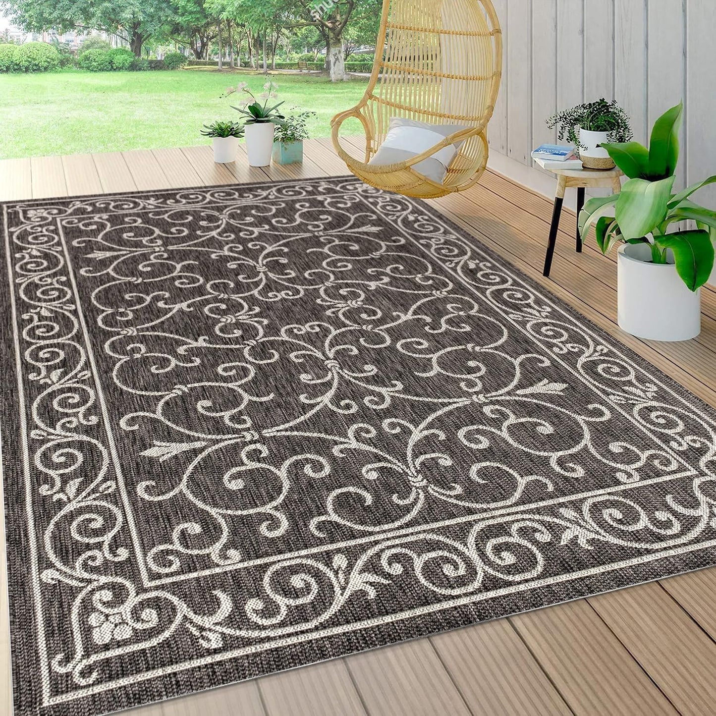 JONATHAN Y Vintage Filigree Indoor Outdoor Area Rug 3X5 Black/Gray, Charleston Textured Weave for Backyard, Patio, Porch, Easy-Cleaning, High Traffic, Pet-Friendly, Non-Shedding (SMB106G-3)