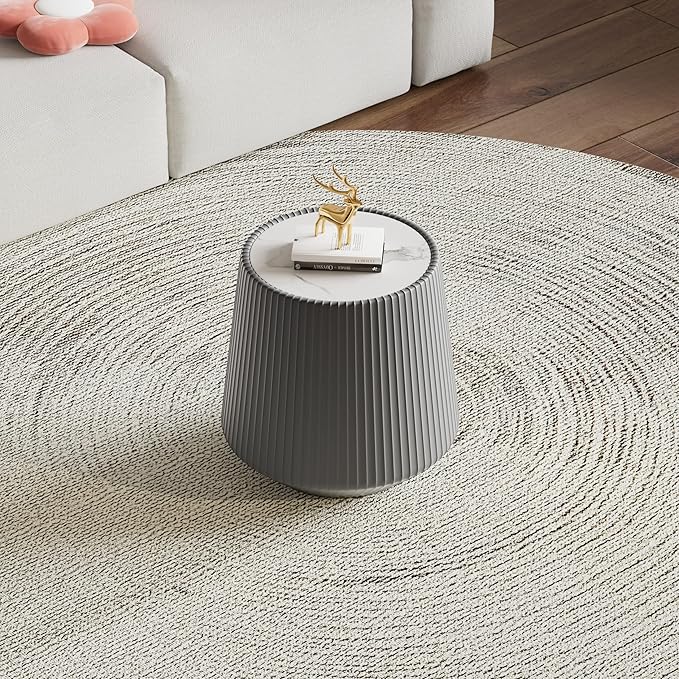 19.68" Grey Round Coffee Table, Drum Coffee Table with Sintered Stone Tabletop and Fluted PU Leather Covered and Stable Base, Circle Cocktail Tea Table for Living Room